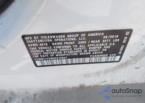 2017 Volkswagen Passat 1.8T Se z USA, uszkodzony, nr VIN 1VWBT7A38HC019341